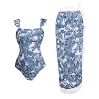 a blue and white one piece swimsuit and skirt