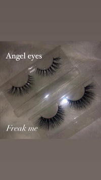 a pair of false eyelashes with the words angel eyes freak me