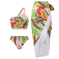 a bikini set with a tropical print